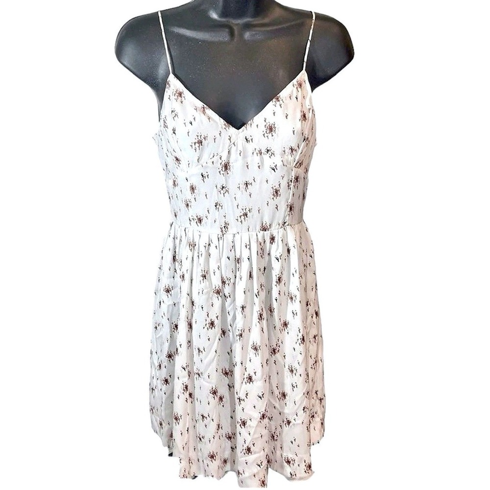 BB Dakota Floral Mini Dress White Brown Spaghetti Strap V-Neck Size 4 BB28787